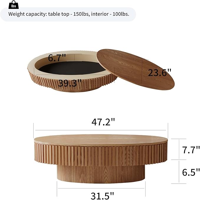 Oval Coffee Table with Storage, Modern Wooden Coffee Table with Solid Wood Veneered, Fluted Center Table Drum Tea Table for Living Room Apartment, 47.2''L×23.6''W×14.2''H