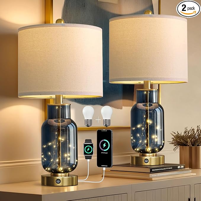 Oneach 22" Glass Table Lamps Set of 2, Blue Modern Bedside Lamp with LED Night Light for Living Room, Nightstand Lamp with USB Ports for Bedrooms, Study Room, End Table(2 Bulbs Included)