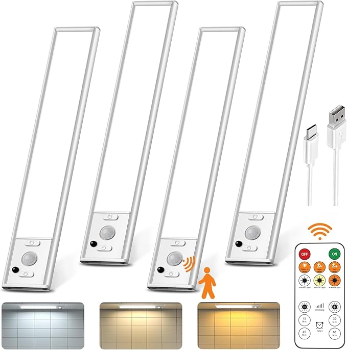 Under Cabinet Lighting with Remote Control,USB Rechargeable 180 Lumen LED Motion Sensor Light Indoor,Wireless Under Counter Light,3 Color Dimmable Closet Light for Bedroom,Wardrobe,Stairs,4 Pack