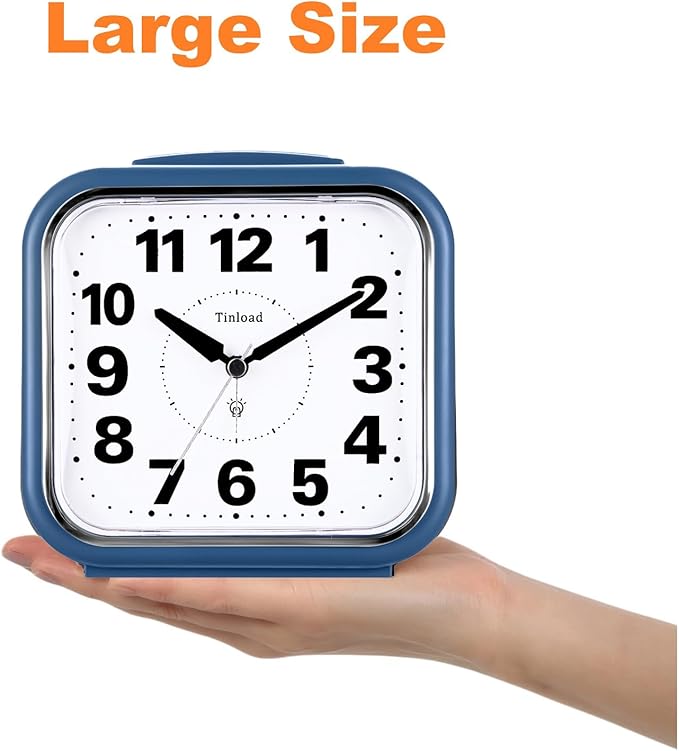 5.5" Large No Ticking Analog Alarm Clock,Silent Readable for Seniors,Easy to Set,Gradual Rise Alarm,Big Numbers,Gentle Wake,Snooze, Lighted on Demand,Battery Operated,Blue