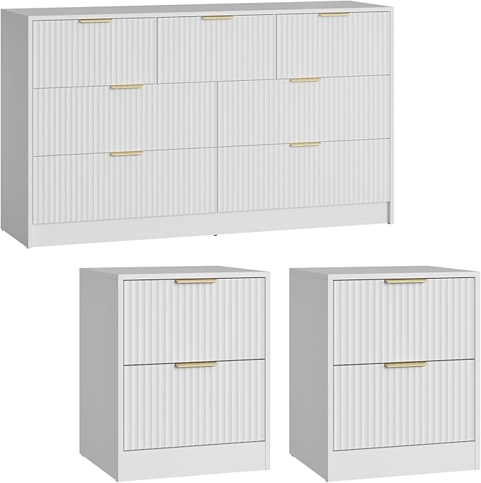 7 Drawer Dresser & Nightstand Set 3-Piece, 55” Wide Bedroom Dresser Set Night Stand Set of 2 with Metal Handle, Fluted Modern Wood Chest of Drawers Storage Dressers Set for Bedroom, White