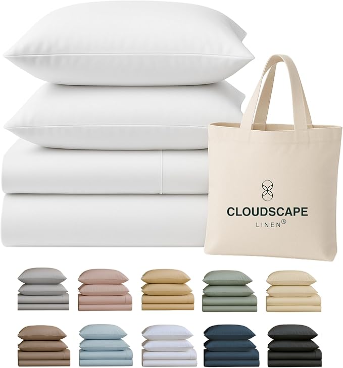 Cloud Scape Linen 100% Egyptian Cotton Sheets Full Size, 4 Pieces Luxury Bedding Set, 400 Thread Count,Hotel Quality, Silky Soft, Deep Pockets up to 17, White