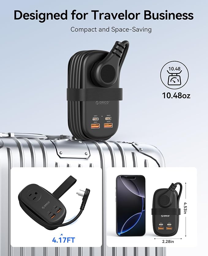 ORICO 65W GaN Travel Power Strip with 7-in-1 Charging Ports (3 AC Outlets/2 USB-A/2 USB-C), Flat Plug and 4FT Extension Cord, Fast Charger for MacBook Pro/Air, iPad Pro, iPhone 17/16/15 -AP3