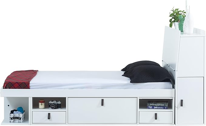 memomad Bali Set: Storage Platform Bed with Drawers + Bookcase Headboard (Queen Size, White Wood)