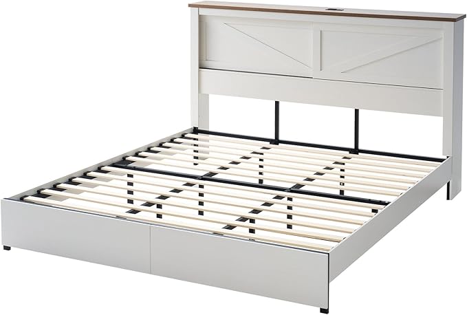 AMERLIFE King 47.2" H Bed Frame with Hidden Space Bookcase Headboard and Charging Station, Beds with 2 Storage Drawers and Wood Slats, No Box Spring Needed, White & Barnwood