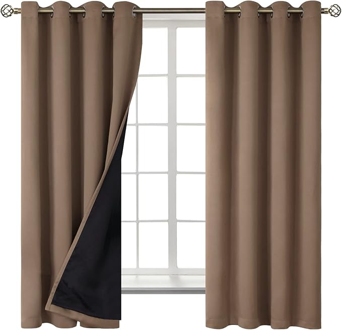 BGment Total Thermal Insulated 100% Blackout Curtains for Bedroom with Black Liner, Double Layer Full Room Darkening Noise Reducing Grommet Curtain (52 x 63 Inch, Taupe, 2 Panels)