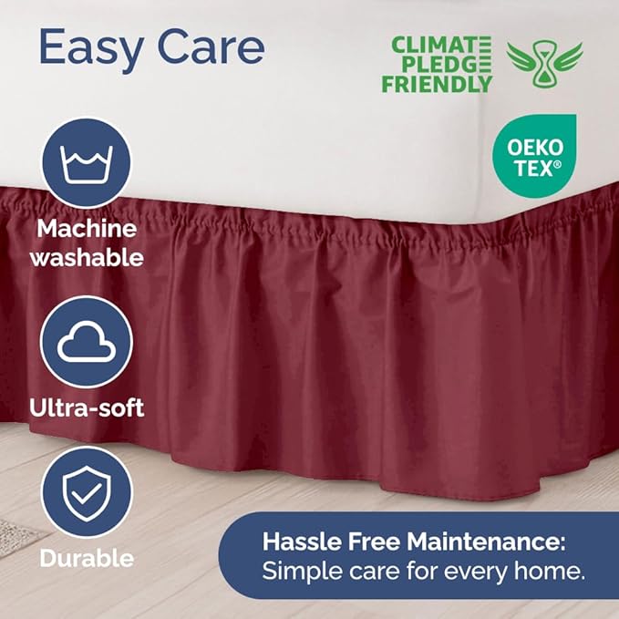 Wrap Around Dust Ruffle Bed Skirt - Burgundy - for King Size Beds with 15 Inch Drop - Easy Fit Elastic Strap - Adjustable Pleated Bedskirt w/Brushed Fabric Wrinkle Free - for Women, Men, Kids & Teens