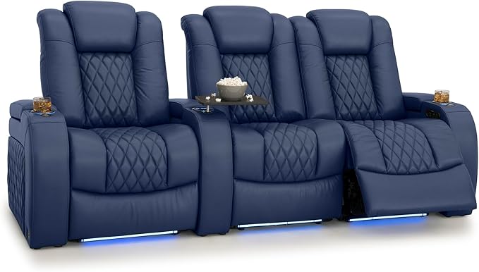 Seatcraft Diamante Zero-Gravity CoolZero Italian Leather Home Theater Seating, Power Headrest, Power Recline, Row of 3 Right Loveseat, Navy Blue