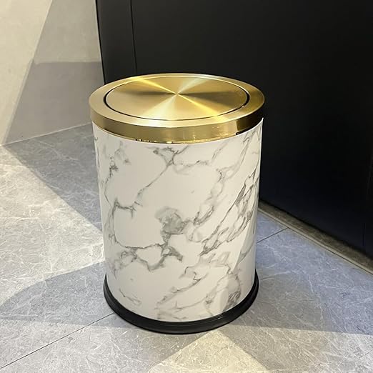 4 Gallon Bathroom Trash Can with Swing Lid, White Gold Garbage Can, White Marble Leather Waste Basket, for Bedroom Kitchen Powder Room (Marble)