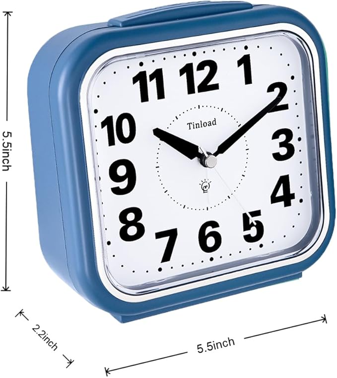 5.5" Large No Ticking Analog Alarm Clock,Silent Readable for Seniors,Easy to Set,Gradual Rise Alarm,Big Numbers,Gentle Wake,Snooze, Lighted on Demand,Battery Operated,Blue