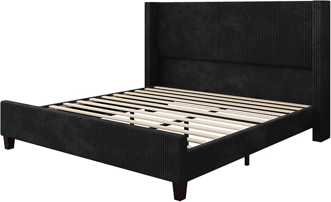 AMERLIFE California King Size Upholstered Bed Frame with 50.8" Tall Headboard, Wingback Platform Bed with Solid Wood Legs, Wooden Slats, Corduroy/No Box Spring Needed/Noise Free/Black