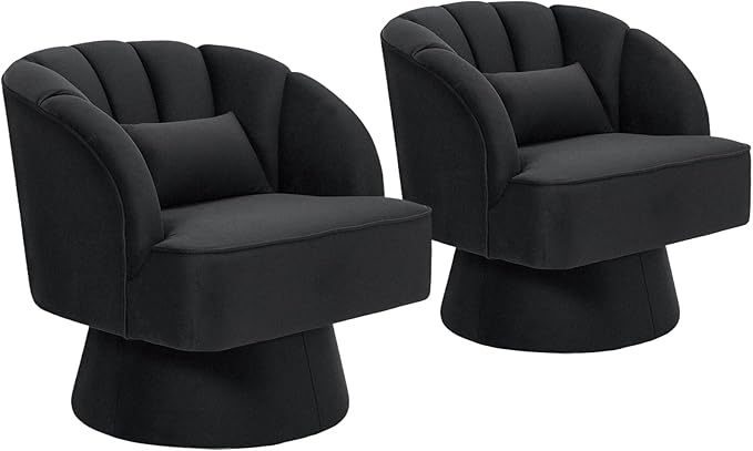 GarveeHome Modern Swivel Barrel Accent Chair, 360 Degree Velvet Upholstered Armchair with Striped Backrest & Plush Padding, Comfy Round Lounge Chair for Living Room, Bedroom, Reading Nook, Black 2 PCS