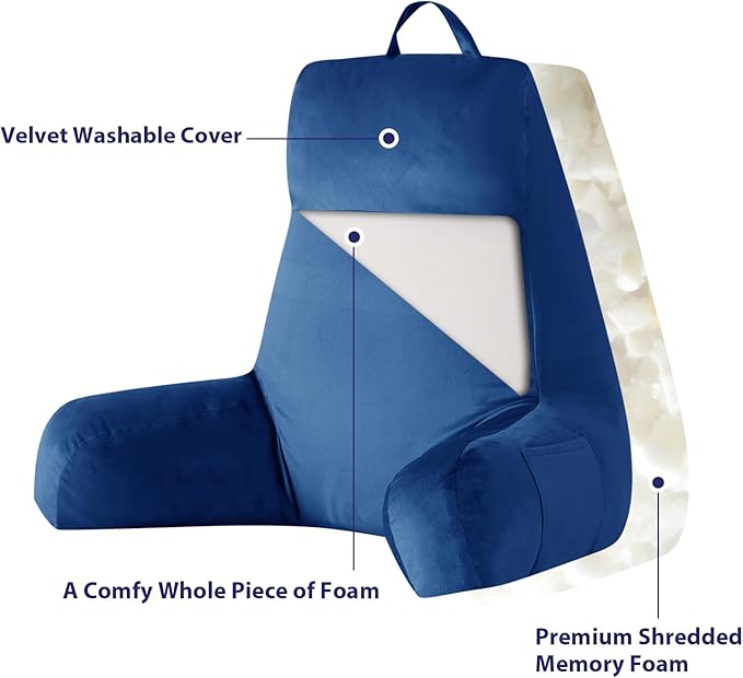 IPYNBAP Reading Pillow with Arms for Adult, Back Pillow for Bed Sitting Up, Shredded Memory Foam Backrest Pillow with Pockets & Removable Washable Cover, Lounging, Watching TV, Reading(24" Navy Blue)