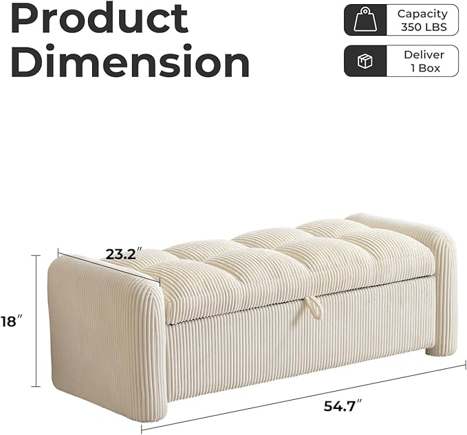 Oversized Corduroy Ottoman Bench with Storage, Upholstered End of Bed Bench for Bedroom, Ottoman Foot Rest for Living Room, Beige
