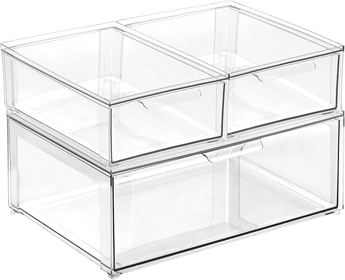 mDesign Plastic Stackable Bathroom Storage Organizer Bin Containers with Front Pull Drawer for Bathroom Countertop, Vanity, Closet Shelves - Holder for Accessories, Lumiere Collection, Set of 3, Clear