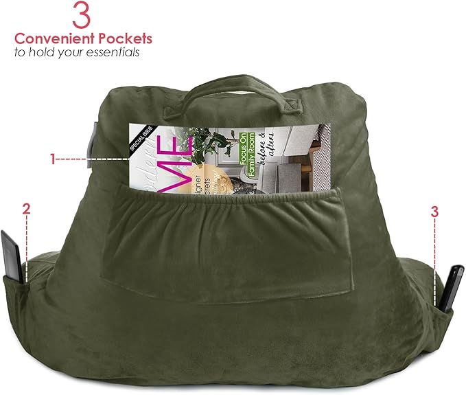 Nestl Reading Pillow for Kids & Teens with Shredded Memory Foam, Backrest Pillows for Reading, Watching, and Gaming, Use on the Couch, Bed, or Floor, Adjustable Support with Washable Cover Olive Green