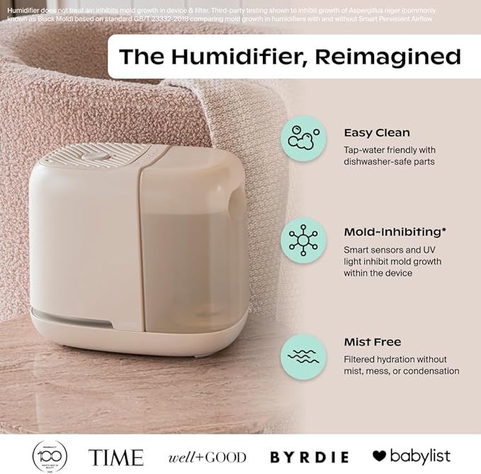 Canopy Bedside Humidifier 2.0, White, 36 HR Run Time, 2.5L Capacity - Reading Light & White Noise - Alleviate Symptoms of Allergies, Flu, Cold, Dry Skin - Humidifier, Filter, Power Cord & Adapter