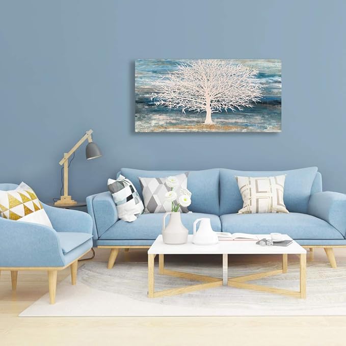 White Tree Canvas Wall Art Large Teal Blue Decor Textured Painting Print with Gold Foil Framed Artwork for Living Room Bedroom(24W*48L