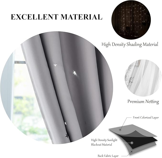 Star Double Layer Blackout Curtains for Bedroom & Kids, Cute, 108 Inches Long, 2 Panels Set, Grey, 42 X 108 Inches