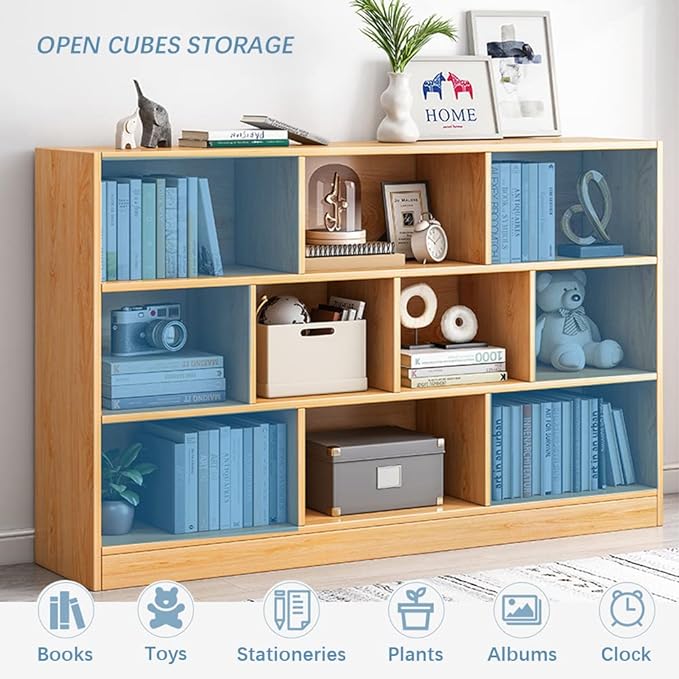 IOTXY Open Shelf Low Bookcase - Wooden 3-Tier Floor Standing Display Cabinet Organizer with Base, 10 Cubes Short Horizontal Bookshelf in Pear Yellow