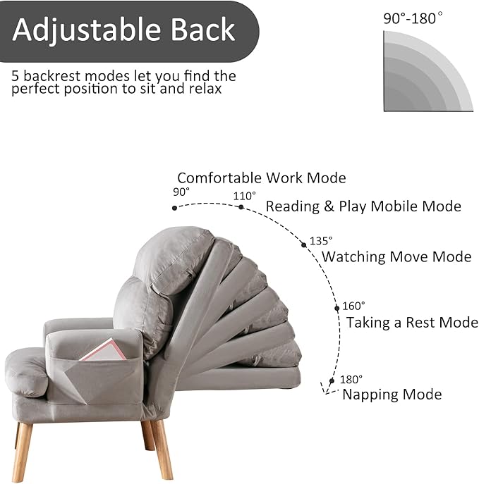 INZOY Accent Chairs with Ottoman, Velvet Fabric Armchair with Ottoman for Bedroom Living Room, Mid Century Modern Chair with Adjustable Backrest and Side Pockets, Grey