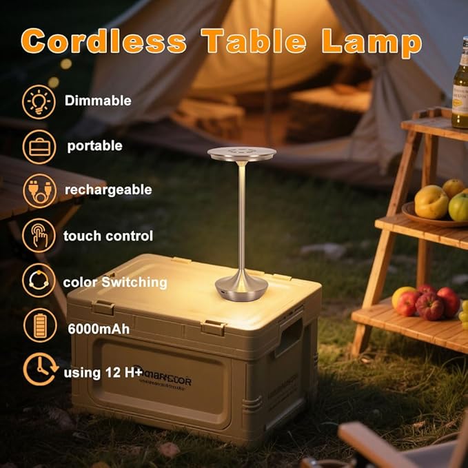 EJQ Cordless Table Lamp Rechargeable, 6000mAh Battery Operated LED Table Lights Outdoor Portable Touch Dimmable Table Lamp for Bedroom Patio Cofee Restaurant Dining Home Set of 2-Silver