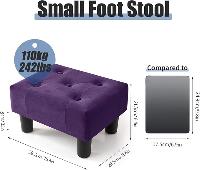 BRIAN & DANY Small Foot Stool, Velvet Foot Stools with Legs, Stable Small Footstool for Living Room, Purple