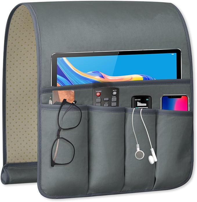 WETRBWEH TV Remote Control Holder Couch Caddy, Non-slip Bedside Caddy Organizer with 5 Pockets for Key Glasses Phone Magazine Holders (Gray, 35"x12.4")
