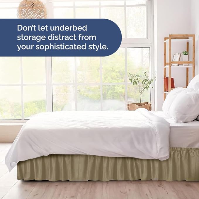 Wrap Around Dust Ruffle Bed Skirt - Khaki - for Queen Size Beds w/ 15 Inch Drop - Easy Fit Elastic Strap - Adjustable Pleated Bedskirt w/Brushed Fabric - Wrinkle Free - for Women, Men, Kids & Teens