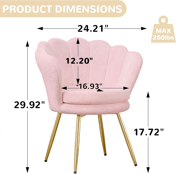 Fluffy Faux Fur Vanity Chair with Back, Mid-Century Modern Small Accent Chair for Living Room, Golden Metal Legs Upholstered Makeup Chair, 1Pcs Bedroom Armchair, Pink