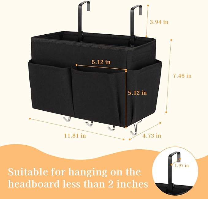 Bedside Storage Organizer 5 Pockets with 4 Hooks Hanging Storage Bag for Headboards/Bunk Bed (Black)