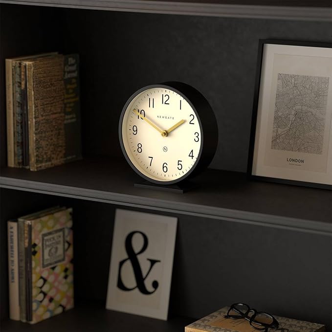 NEWGATE® Q Mantel Clock | Modern Classic Round Mantel Clock | Black | Contemporary Style for Mantel, Desk, Table, Shelf or Bedside
