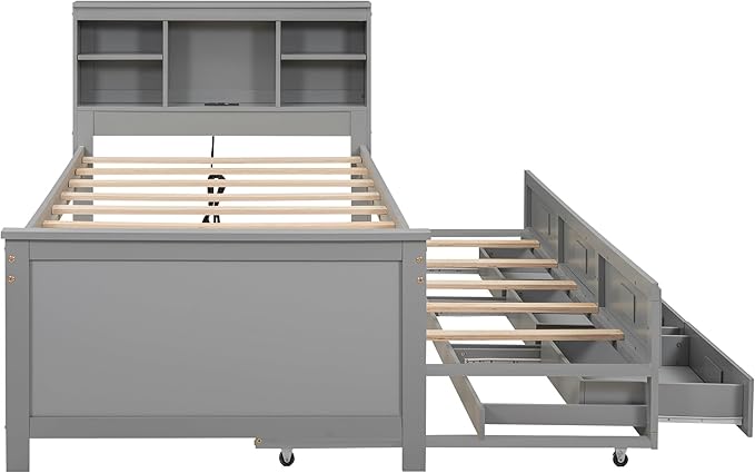 Platform Bed with Storage Headboard, USB, Twin Size Trundle and 3 Drawers, Twin Size, Gray