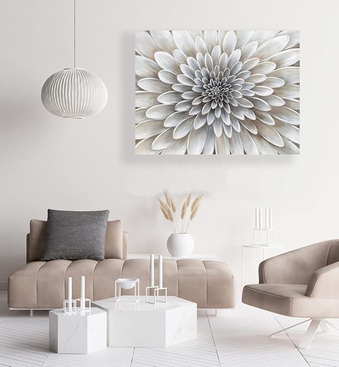 Floral Wall Art in Neutral White Color Modern Abstract Canvas Painting Large Home Decor Framed Boho Artwork Dahlia Flower Picture for Living Room Bathroom Bedroom Home Office
