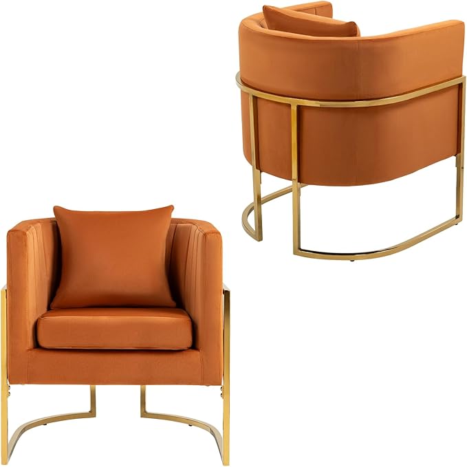 Velvet Modern Accent Chair, Upholstered Barrel Armchair Mid Century with Pillow for Living Room, Comfy Single Vanity Chair with Metal Gold Legs for Bedroom, Orange