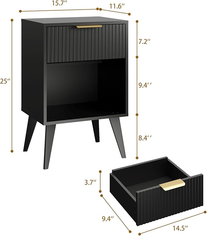 Fluted Night Stand with Opening Storage,Mid Century Bedside Table with Drawer,Black Nightstand with Wood Legs,End Table Side Table for Living Room,Bedroom,11.8" Dx15.7 Wx 25.2" H CTG56BK