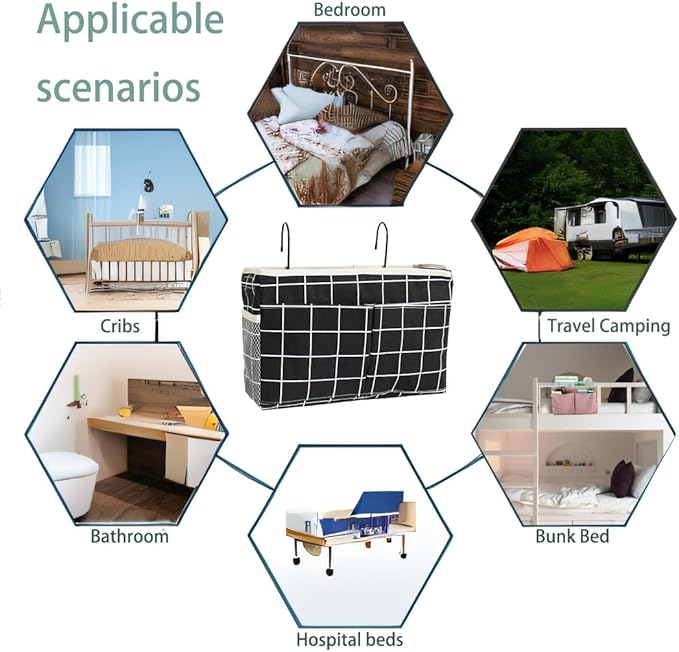 Someteth Bedside Caddy Bedside Hanging Storage Basket Multi-Function Organizer Caddy for Bunk and Hospital Beds Dorm Rooms Bed Rails, Can be Placed Glasses Books Mobile Phones（Black Grid）