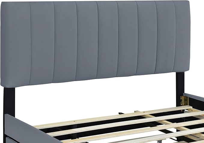 Queen Bed Frame with Trundle Bed,Velvet Upholstered Platform Bed Frame with Storage Drawers,Queen Size Trundle Bed with Headboard for Kids Teens Adults,Gray