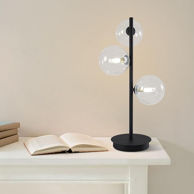 3-Light Black Table Lamp, Mid Century Nightstand Lamp with Clear Glass Globe Shade, Contemporary Bedside Lamp for Bedroom Living Room Study Room