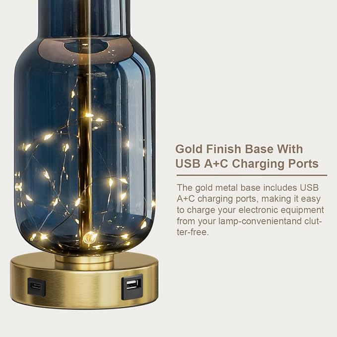 Oneach 22" Glass Table Lamps Set of 2, Blue Modern Bedside Lamp with LED Night Light for Living Room, Nightstand Lamp with USB Ports for Bedrooms, Study Room, End Table(2 Bulbs Included)
