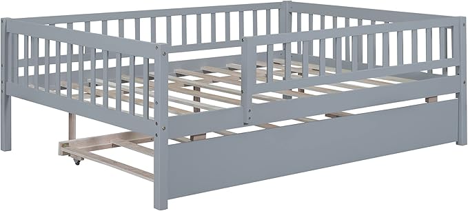 Bellemave Full Size Bed Frames with Rails for Kids, Full daybed Frame with Trundle for Boys/Girls/Adults， Gray