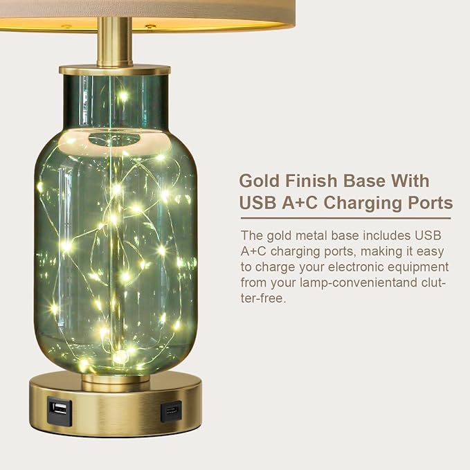 Oneach 22" Glass Table Lamps Set of 2, Green Modern Bedside Lamp with LED Night Light for Living Room, Nightstand Lamp with USB Ports for Bedrooms, Study Room, End Table(2 Bulbs Included)