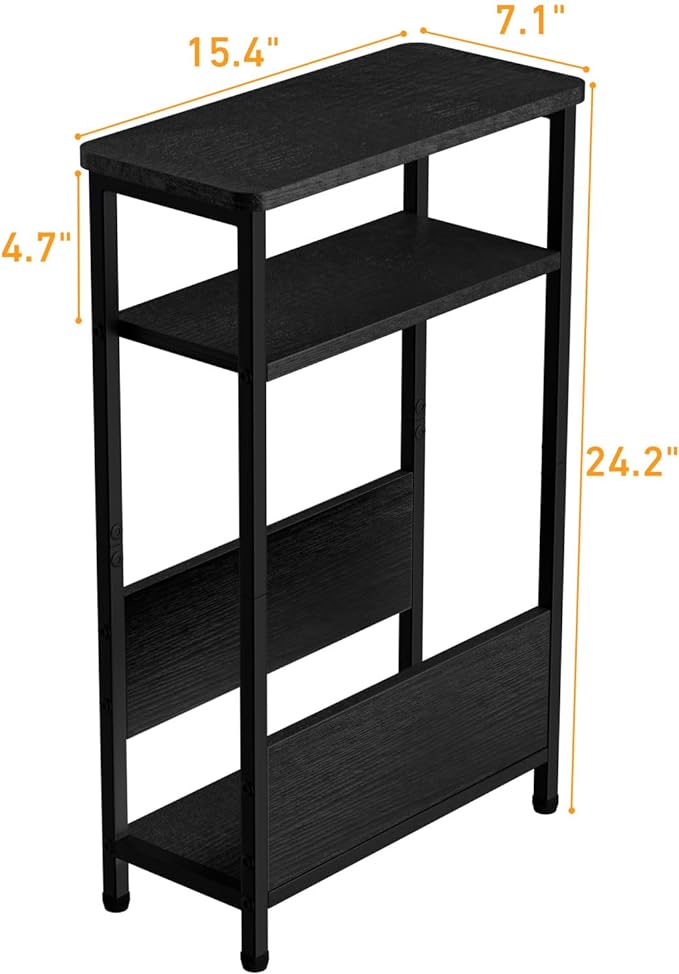 THUMEYE 7.1" Narrow Side Table for Small Spaces, 3 Tier Small End Table with Magazine Holder, Slim/Skinny Nightstand/Bedside Table for Living Room, Bedroom, 15.4" L x 24.2" H, Black