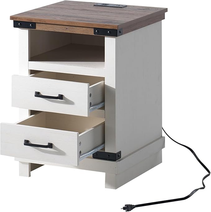 AMERLIFE Farmhouse Nightstand with Charging Station, 18" Wood Rustic Night Stand with 2 Storage Drawers, Heavy Duty Bedside Sofa Side End Tables for Bedroom, Living Room, Antique White