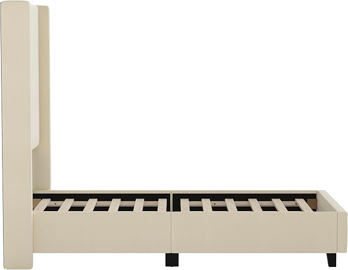 EMMA + OLIVER Nora Twin Size Faux Linen Upholstered Platform Bed with Plush Padded Wingback Headboard (No Box Spring Needed), Modern Upholstered Headboard Twin Bed Frame, Beige