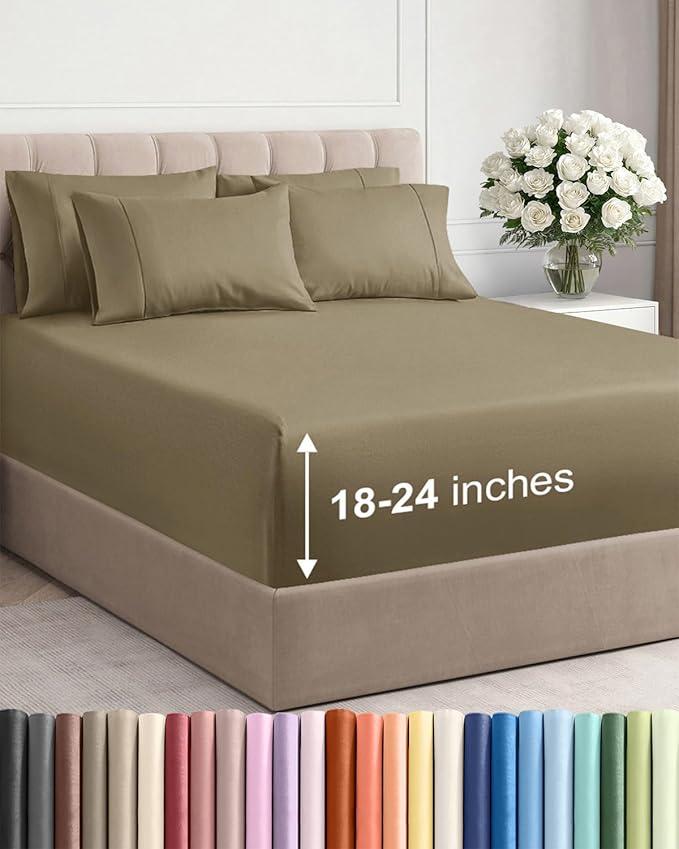 Extra Deep Full Sheet Set - 6 Piece Breathable and Cooling Sheets - Hotel Luxury Bed Sheets Set - Easy & Secure Fit - Soft, Wrinkle Free and Comfy Sheets Set - Khaki Sheet Set with Extra Deep Pockets