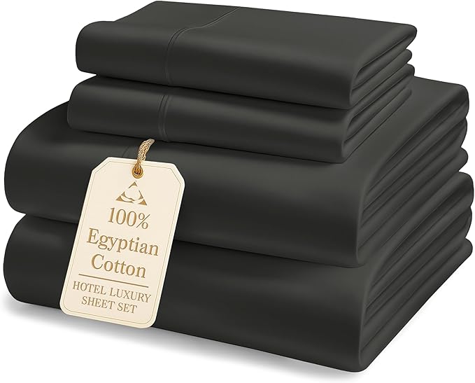 LANE LINEN 100% Egyptian Cotton Cal King Sheets- 1000TC Long Staple Mercerized Cotton No Pill Fade Resistant Silky Sateen Weave for Soft & Comfy Good Night Sleep, Deep Pocket Fits 15" Mattress-Black