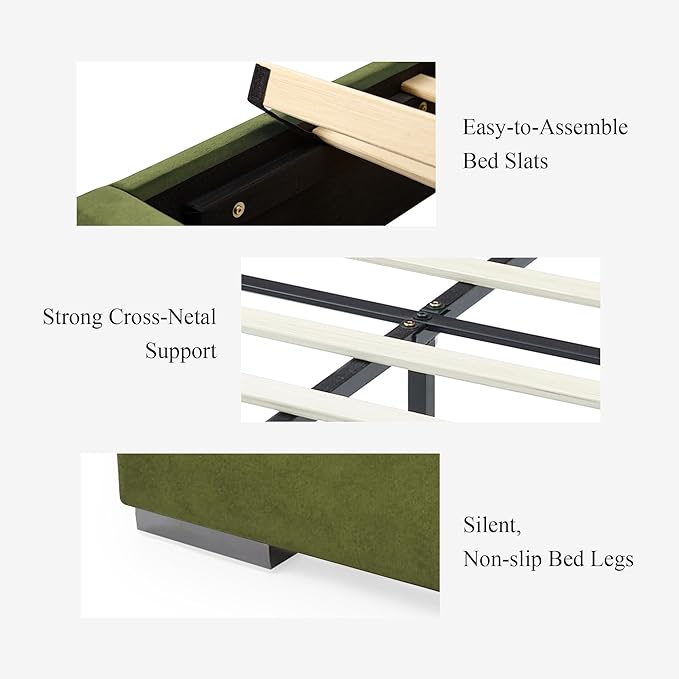 DEINPPA Luxury King Bed Frame with Built-in Gold LED Lights and Nightstands, King Size Platform Bed with Oversize Upholstered Headboard, No Box Spring Needed-Green
