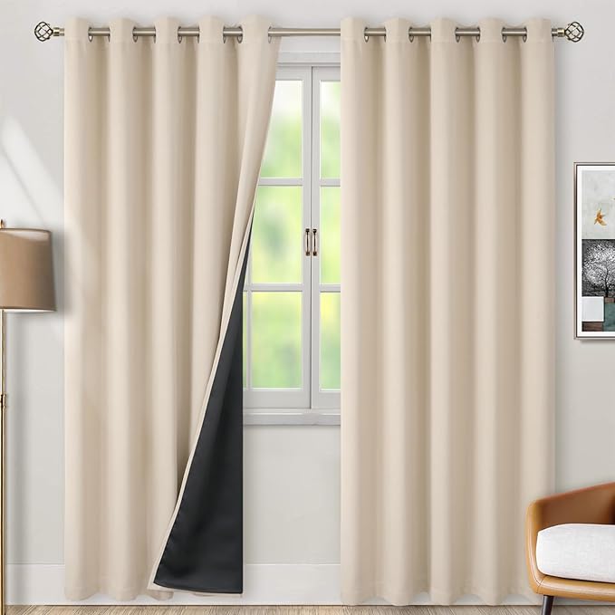 BGment Thermal Insulated 100% Blackout Curtains 84 Inch Length 2 Panels, Total Light Blocking Curtains for Bedroom, Grommet Window Drapes with Thick Black Liner, 60 Inch Wide Each Panel, Champagne