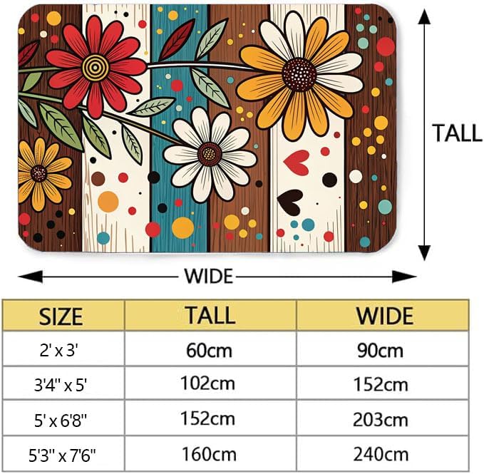 Machine Washable 3' x 5' Bohemian-Style Area Rug, Flowers Floor mat, Suitable for bedrooms, Girls' Room Bedside, Living Room, Dining Room, Office, Non-Slip Low-Pile Retro, Fashionable Carpet